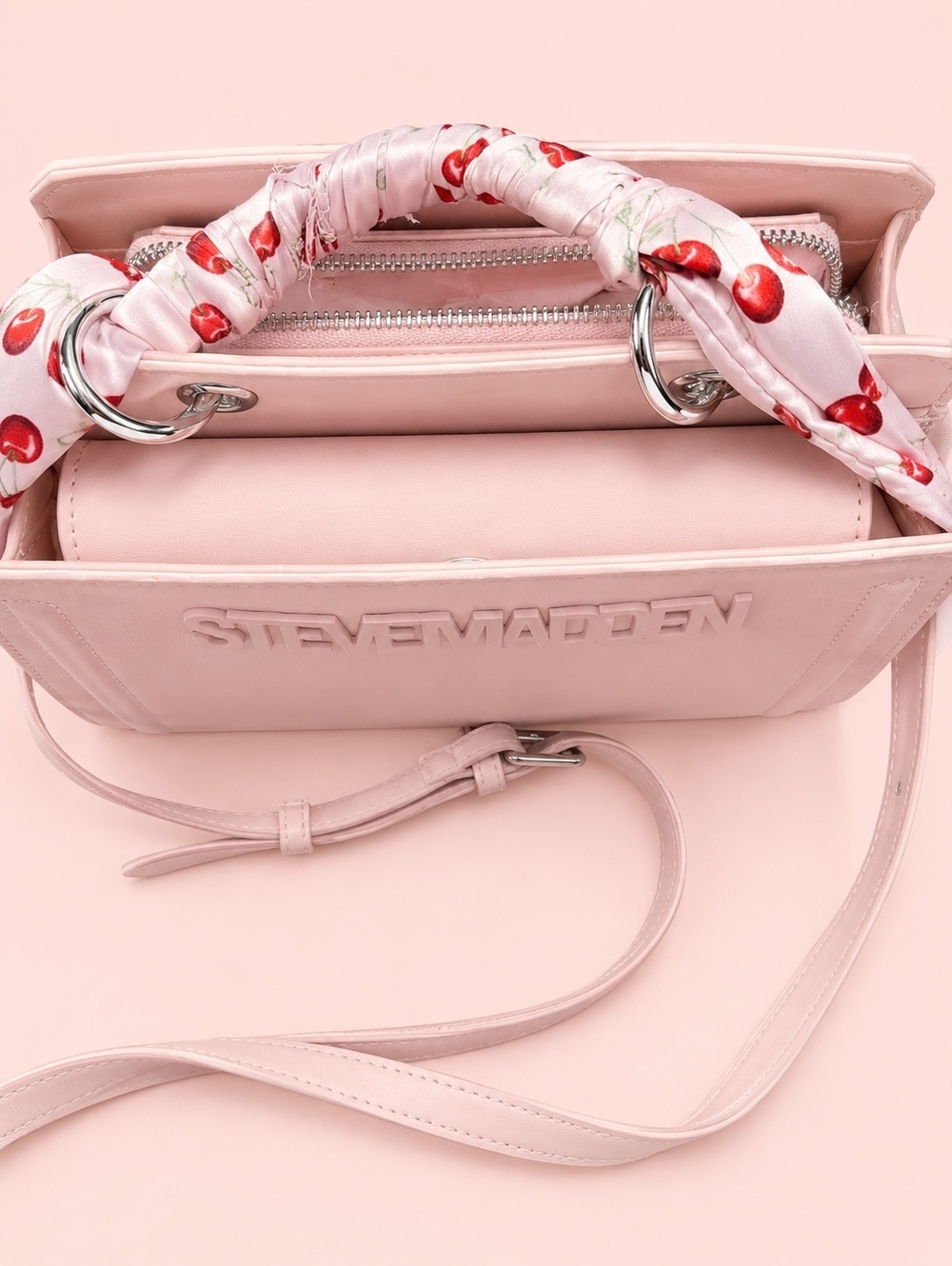 Steve Madden Pink Frost Crossbody Bag with Cherry Scarf and ID Holder - Picture 3 of 6